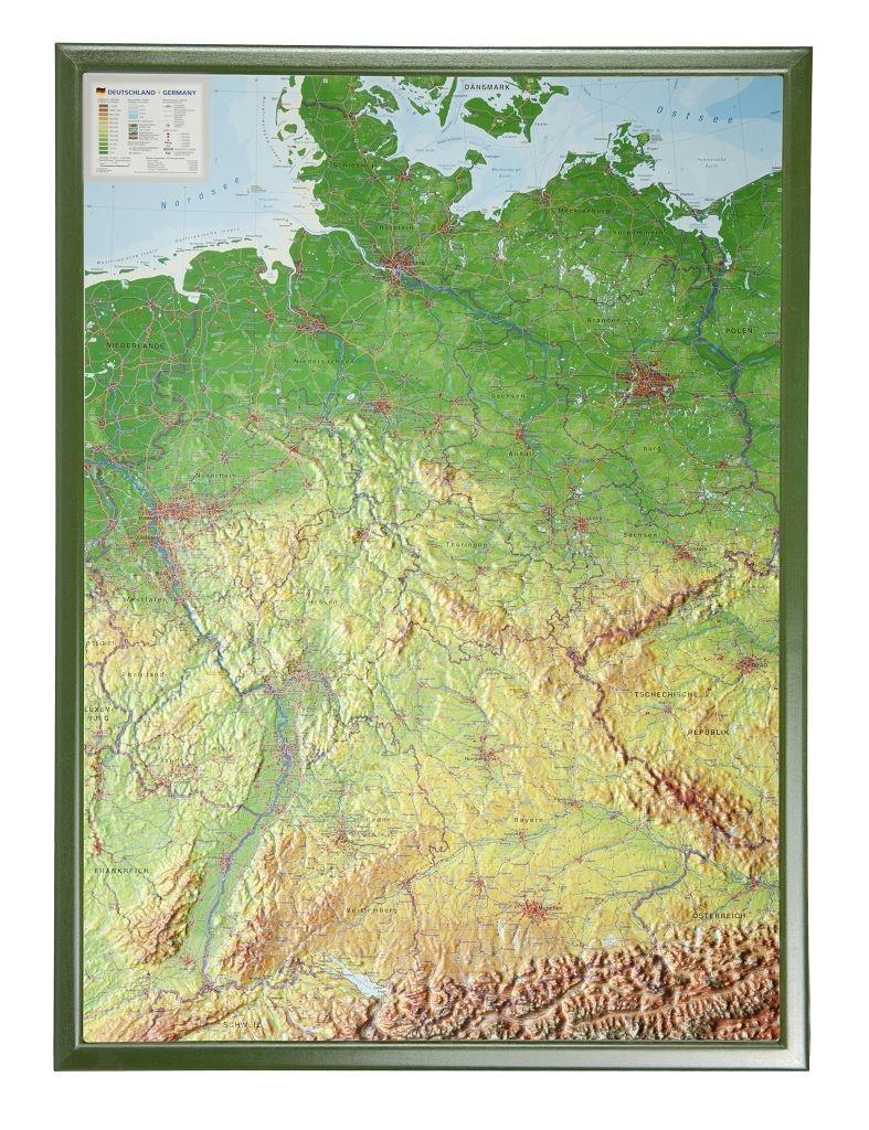 Deutschland, Reliefkarte, Groß, mit Holzrahmen. Germany Tiefgezogenes Kunststoffrelief